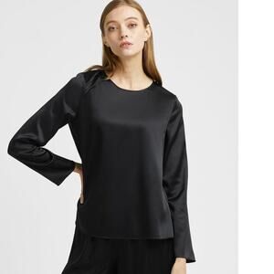 Brand | L | 100% Silk Matte Black Women's Round Neck Pullover Long Sleeve Blouse